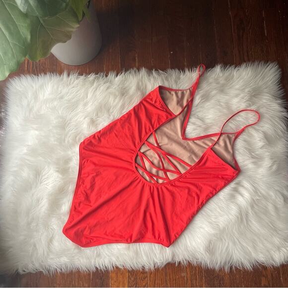 Red One Piece Swimsuit Plunge Strappy Back NWOT - Picture 2 of 3